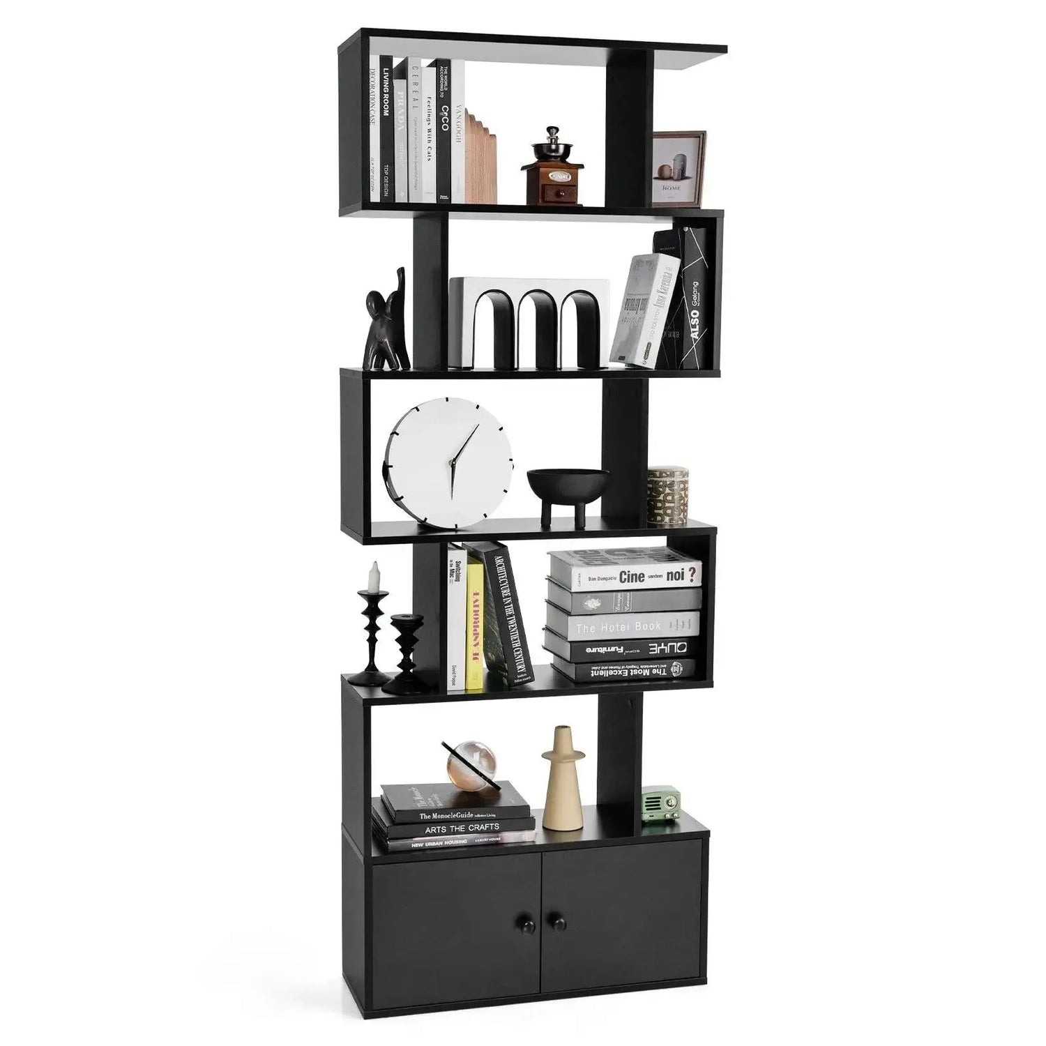 GOFLAME 5-tier Bookcase Industrial S-Shaped Bookshelf Storage Display Rack with Cabinet Furnish Wise