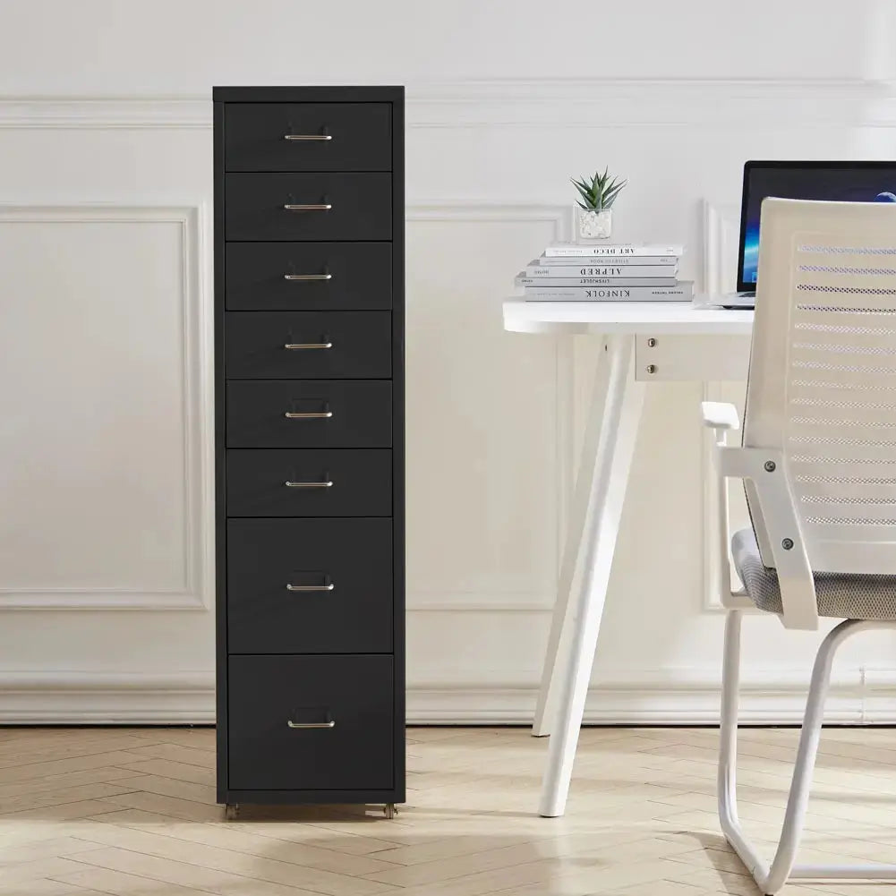 Rolling File Cabinet with 8 Drawers Shelf and Wheels, Black
