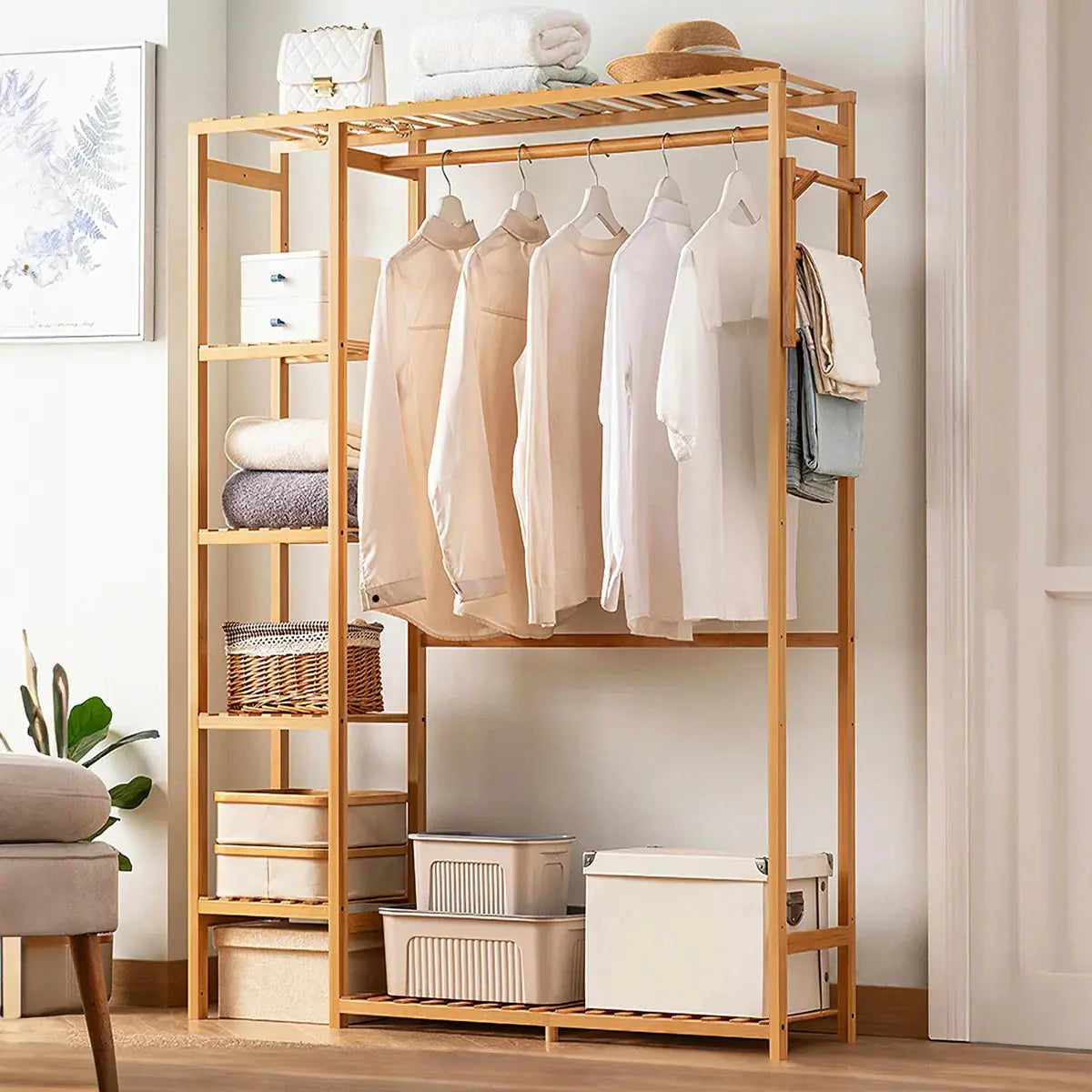 Wooden Clothes Rack with Hooks