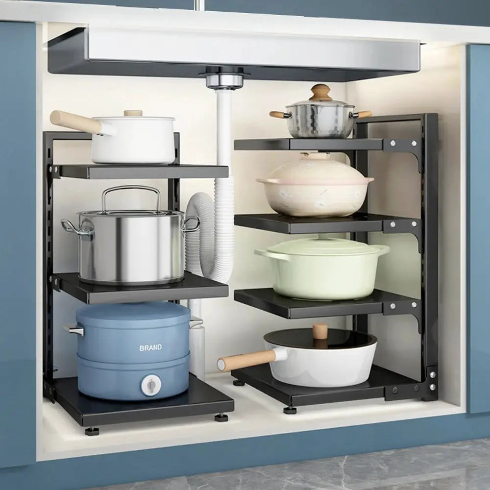 Multi-Tier Height-Adjustable Kitchen Pan Organizer Rack 180-degree Open Access