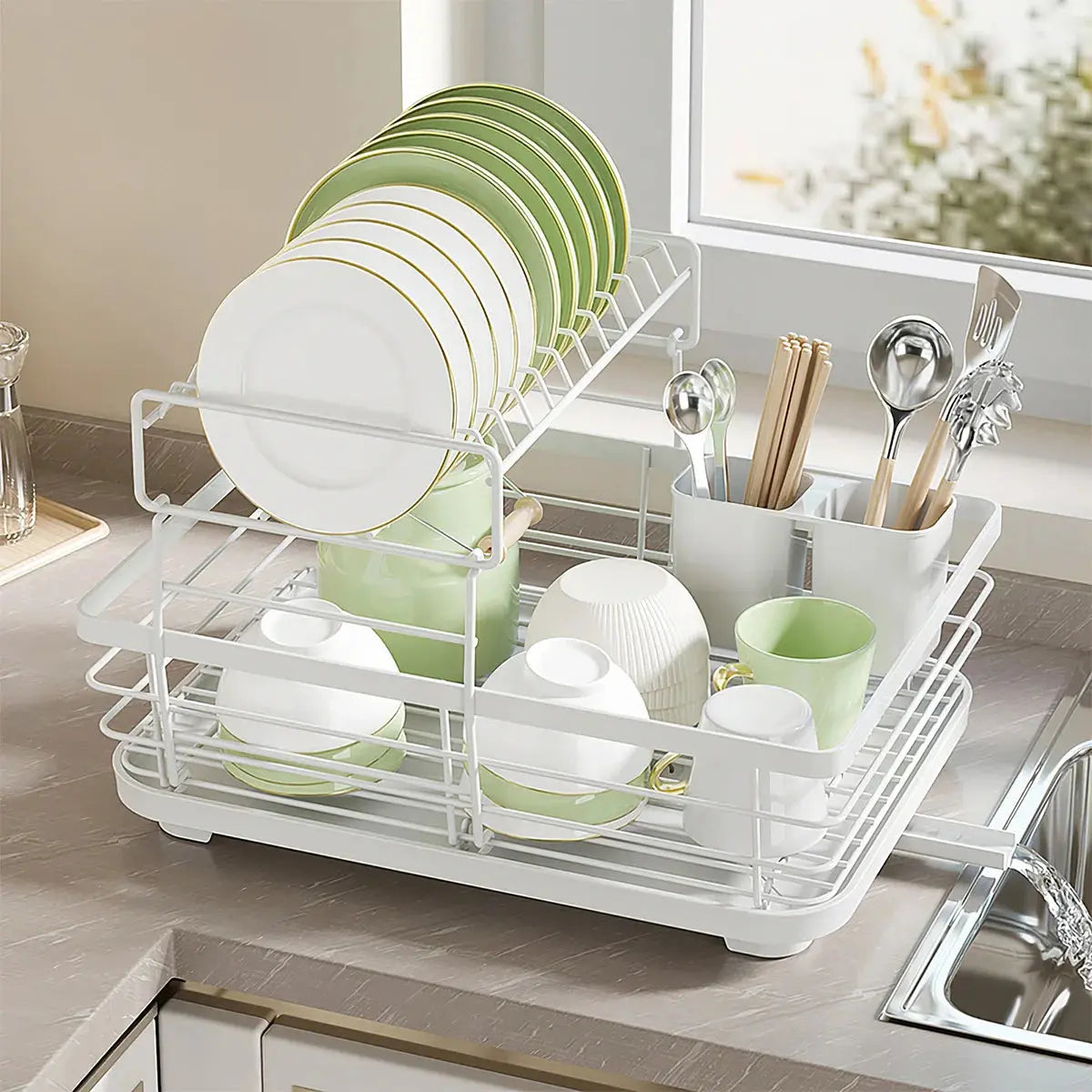 2-Tier Metal Dish Rack with Utensil Holder Dish Drainer