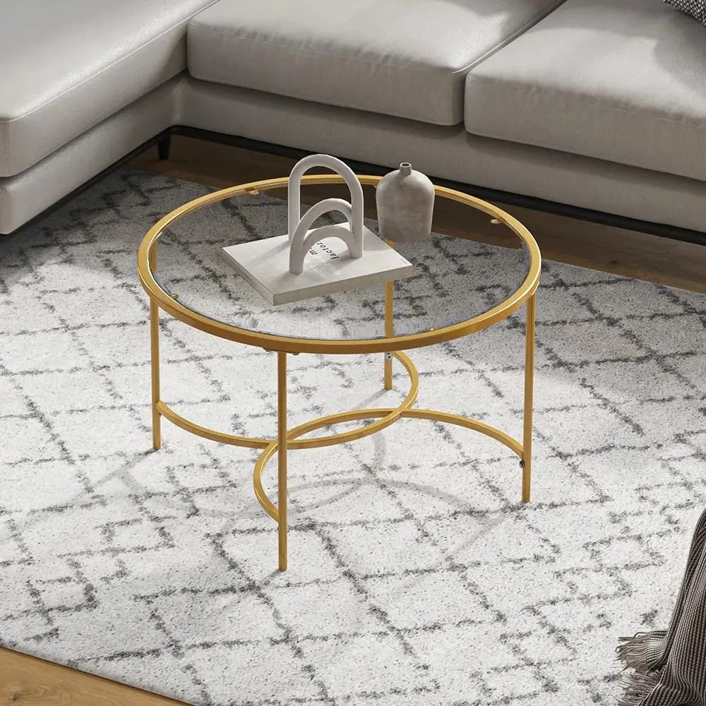 Gold Modern Round Tempered Glass Coffee Table Furnish Wise