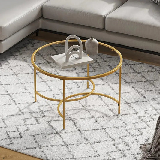 Gold Modern Round Tempered Glass Coffee Table Furnish Wise