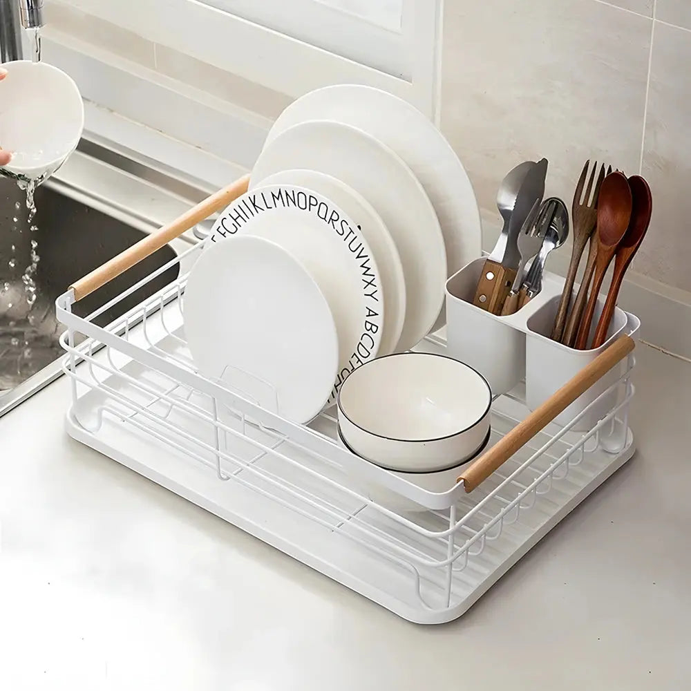 Iron Dish Drainer with Detachable Drip Tray, Wooden Handle and Ventilation System