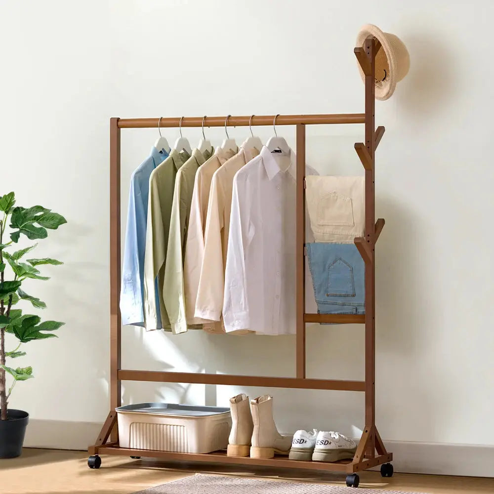 Bamboo Garment Hat Rack with Wheels