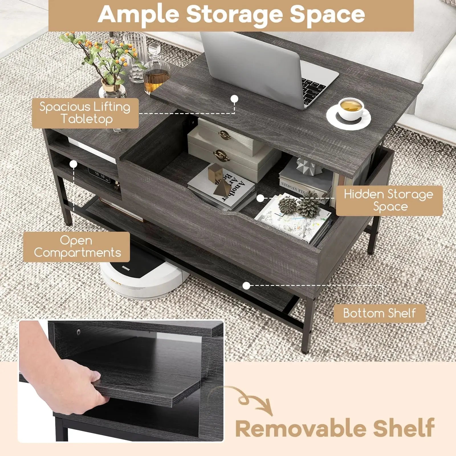 Lift Top Coffee Table with Storage Shelf Furnish Wise