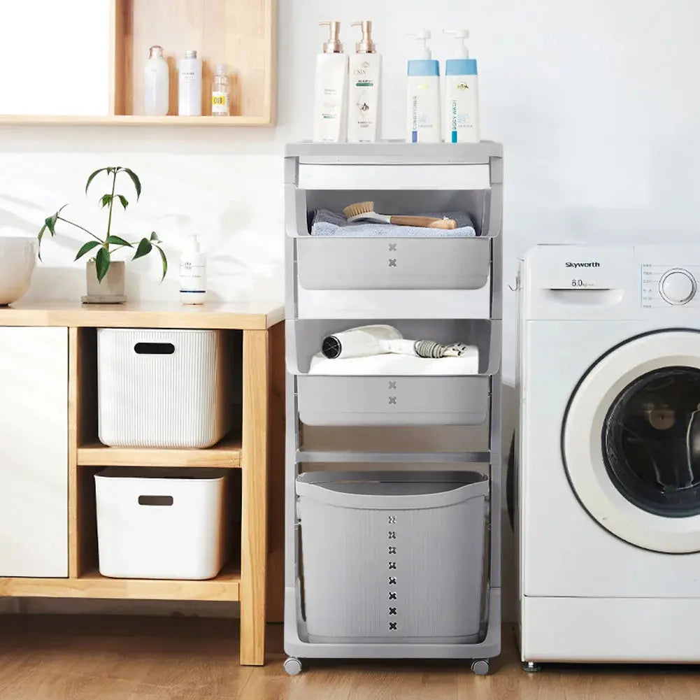 Grey 4 Tier Storage Rack Laundry Basket with Wheels