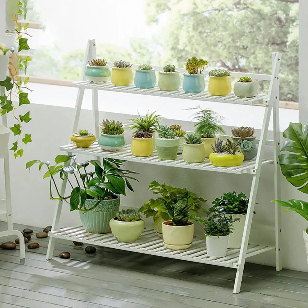 3-Tier Foldable Wooden Ladder Shelf White