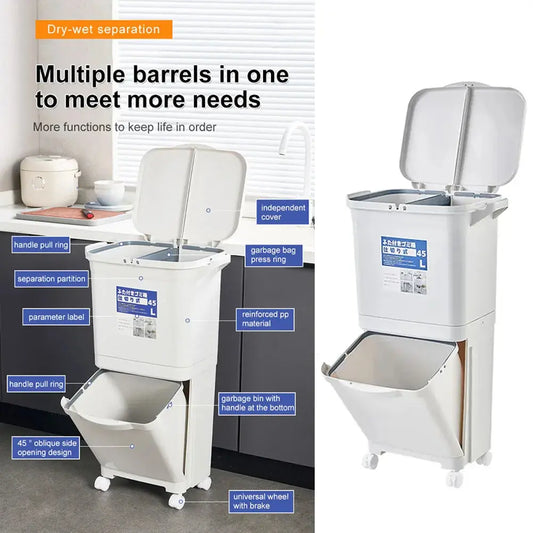 White Double-Layer Three-Compartment Trash Can with Wheels Furnish Wise