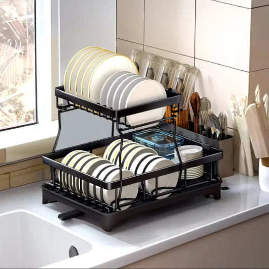 Black Dish Rack with Utensil Holder and Glass Holder Furnish Wise