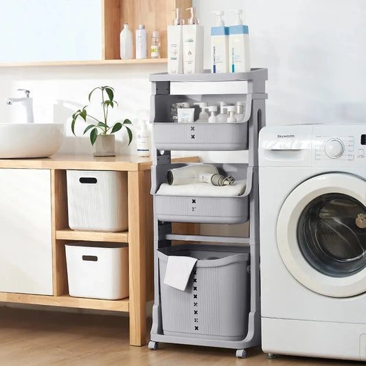 Grey 4 Tier Storage Rack Laundry Basket with Wheels Furnish Wise