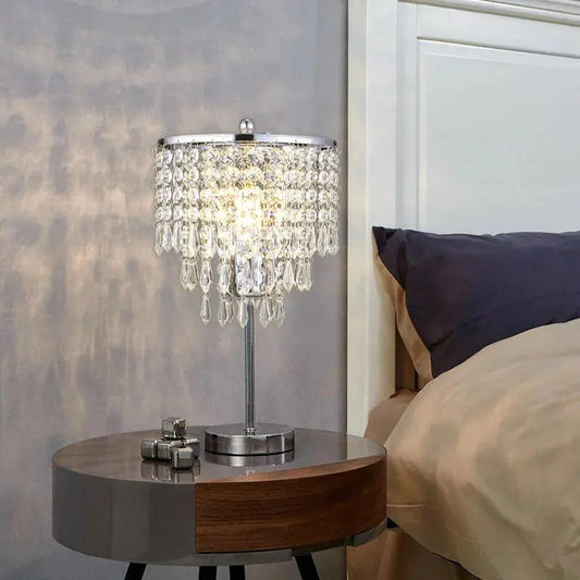 Modern Chrome and Crystal Shade Table Lamp Furnish Wise