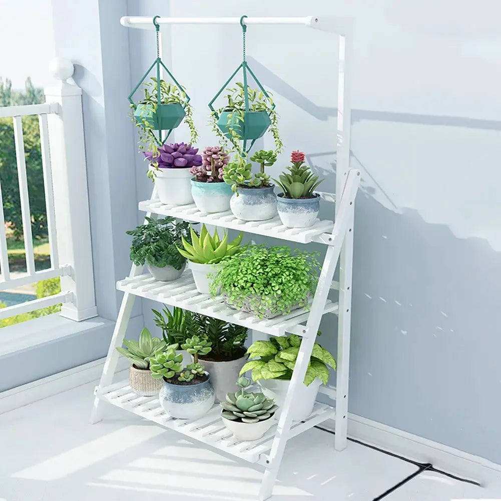 3 Tier Ladder Foldable Plant Stand with Hanging Bar, Wood/White
