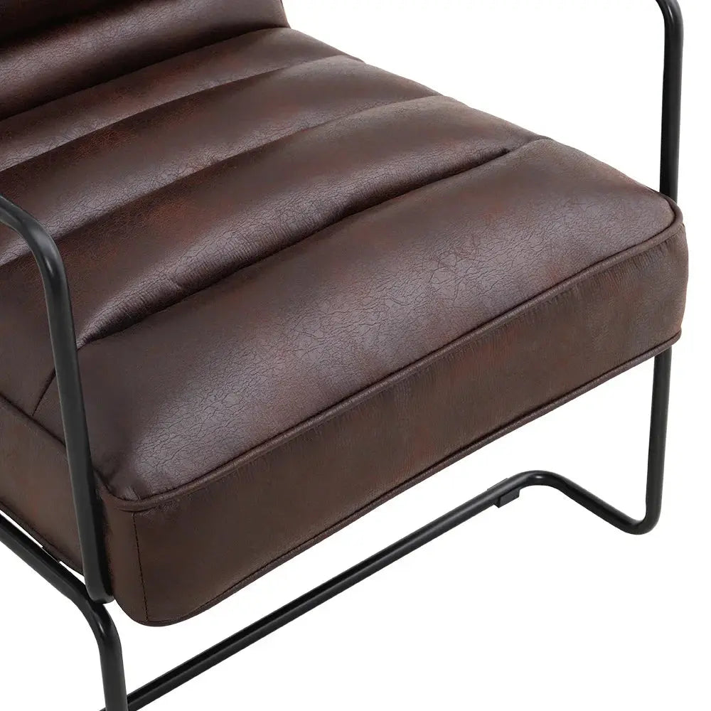 Mid-Century PU Leather Linen Armchair with Metal Base