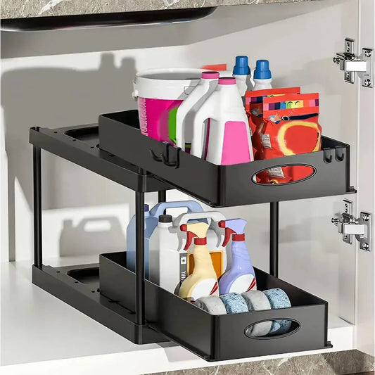 Black 2 Tier Under Sink Pull Out Storage Organizer Furnish Wise