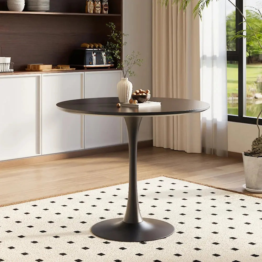 Modern Round Wooden Table with Metallic Base Furnish Wise