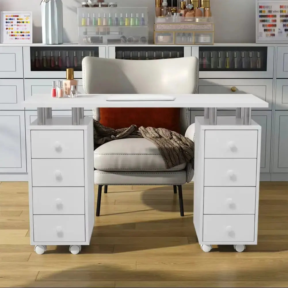 8 Drawers Manicure Station Nail Table Salon Nail Desk on Wheels Furnish Wise