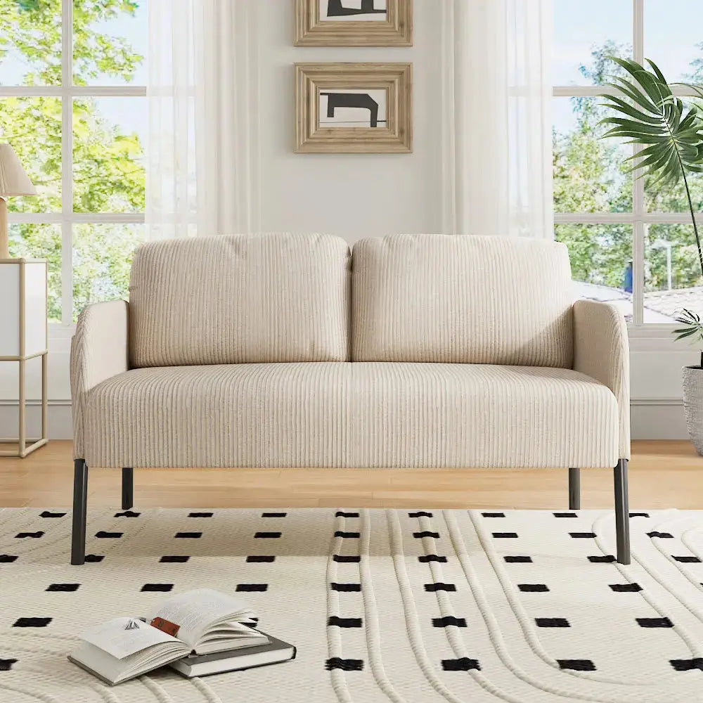 2-Seat Beige Corduroy Sofa with Armrests And Wooden Legs Furnish Wise