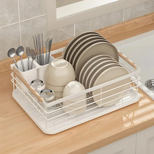 Iron Dish Drainer with Detachable Drip Tray, Wooden Handle and Ventilation System Furnish Wise