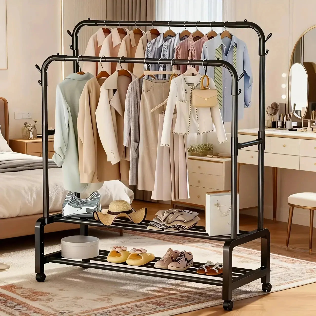 Rolling Double-Layer Double-Rod Vertical Retail Clothing Rack, Shoe & Hat Rack, Coat Rack, Garment Rack with Shelves and Wheels Furnish Wise