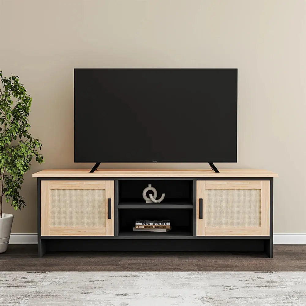 Beige Modern Wooden TV Unit with Rattan Doors