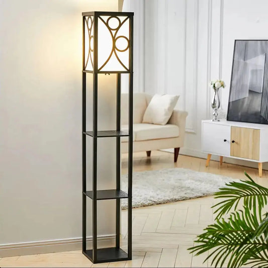 3 in 1 Wooden and Linen Floor Lamp with Shelves