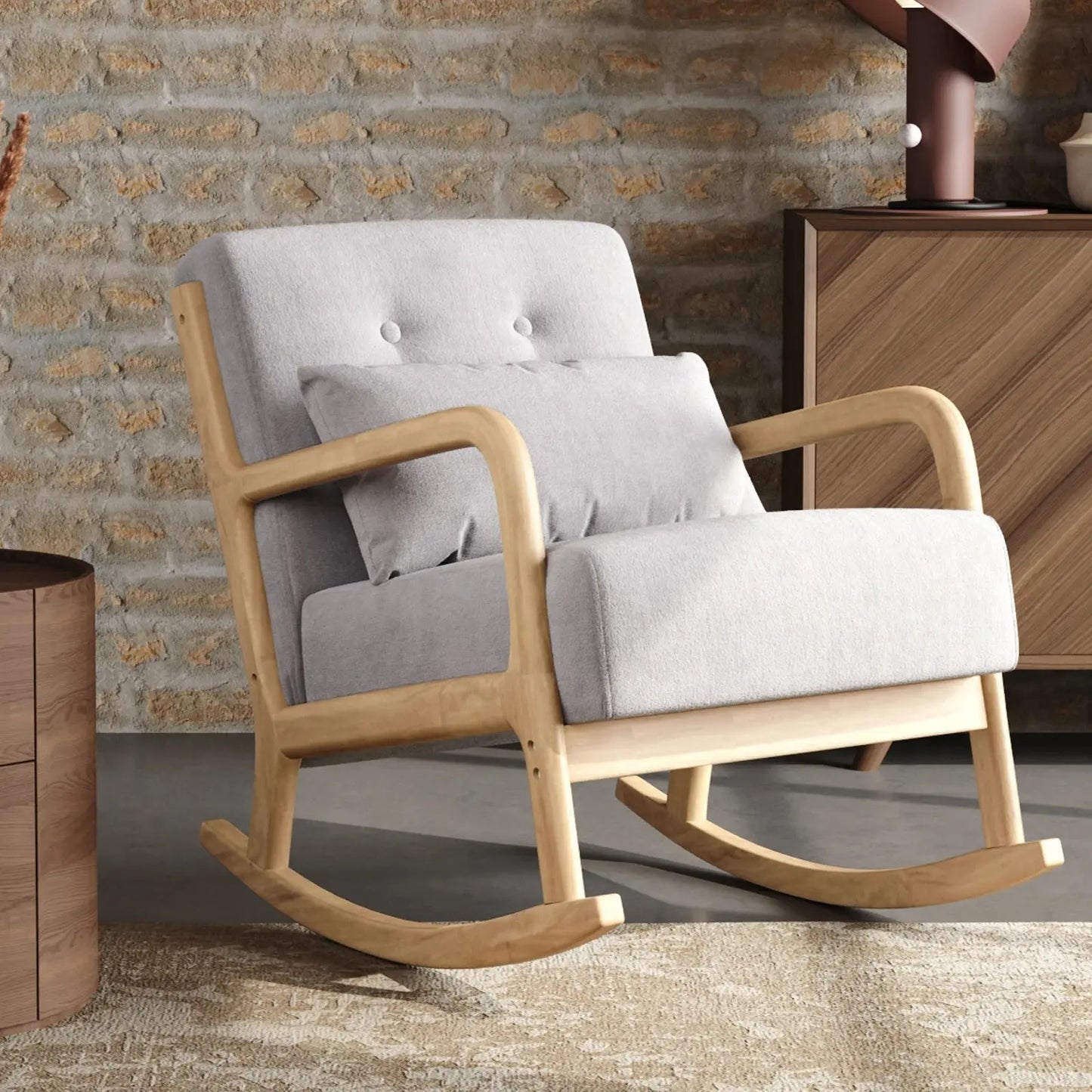 Grey Contemporary Linen Buttoned Rocking Chair Furnish Wise