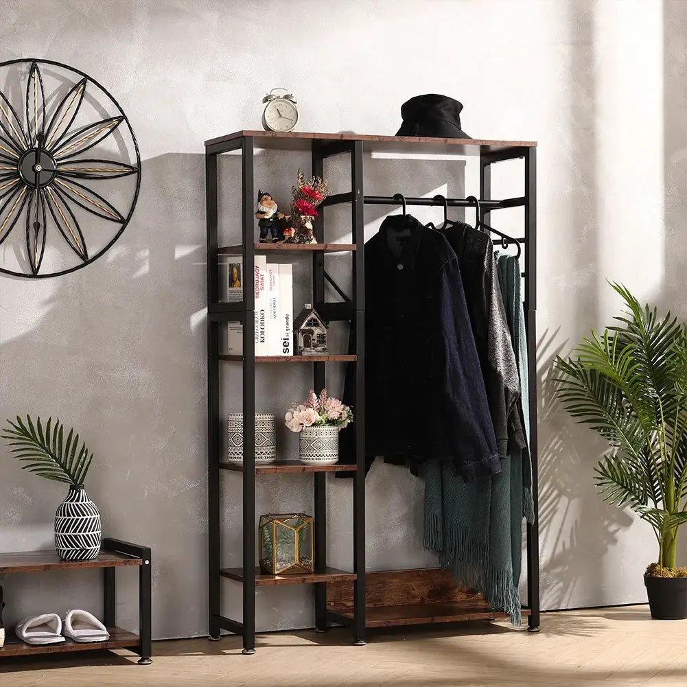 5-Tier Rustic Brown Clothes Rack with Storage Shelves