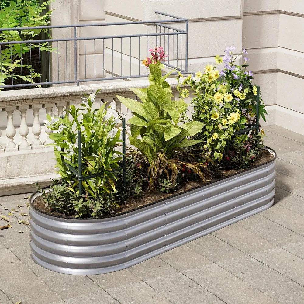 Silver Oval-Shaped Steel Raised Garden Bed