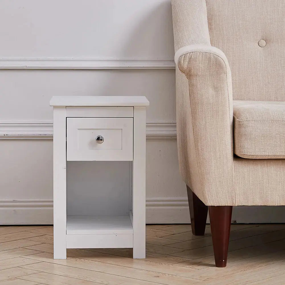 White Small Side Table with Drawer Furnish Wise