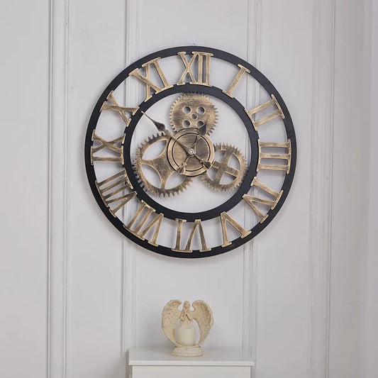 Gold Industrial Large Retro Silent Wall Clock Furnish Wise