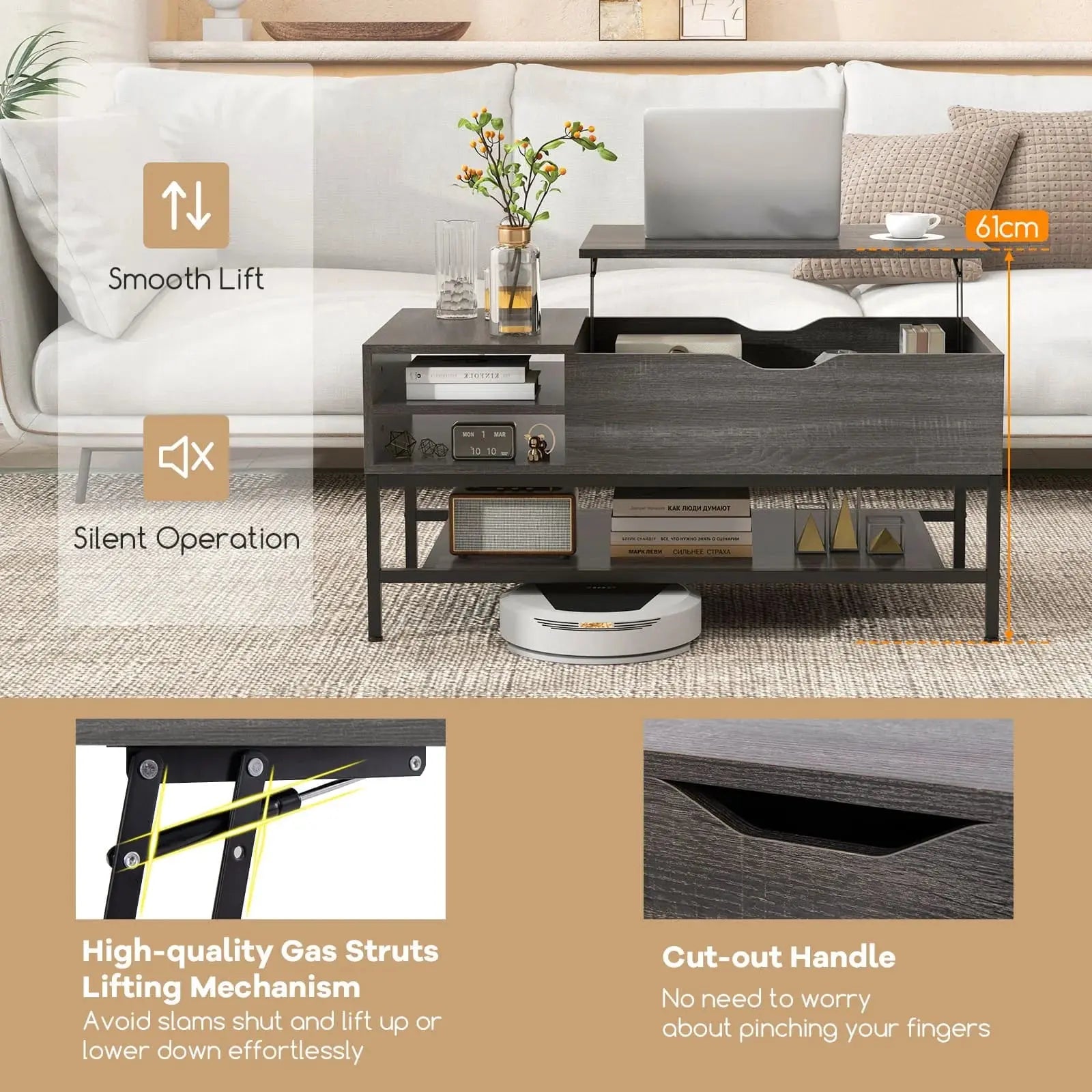 Lift Top Coffee Table with Storage Shelf Furnish Wise