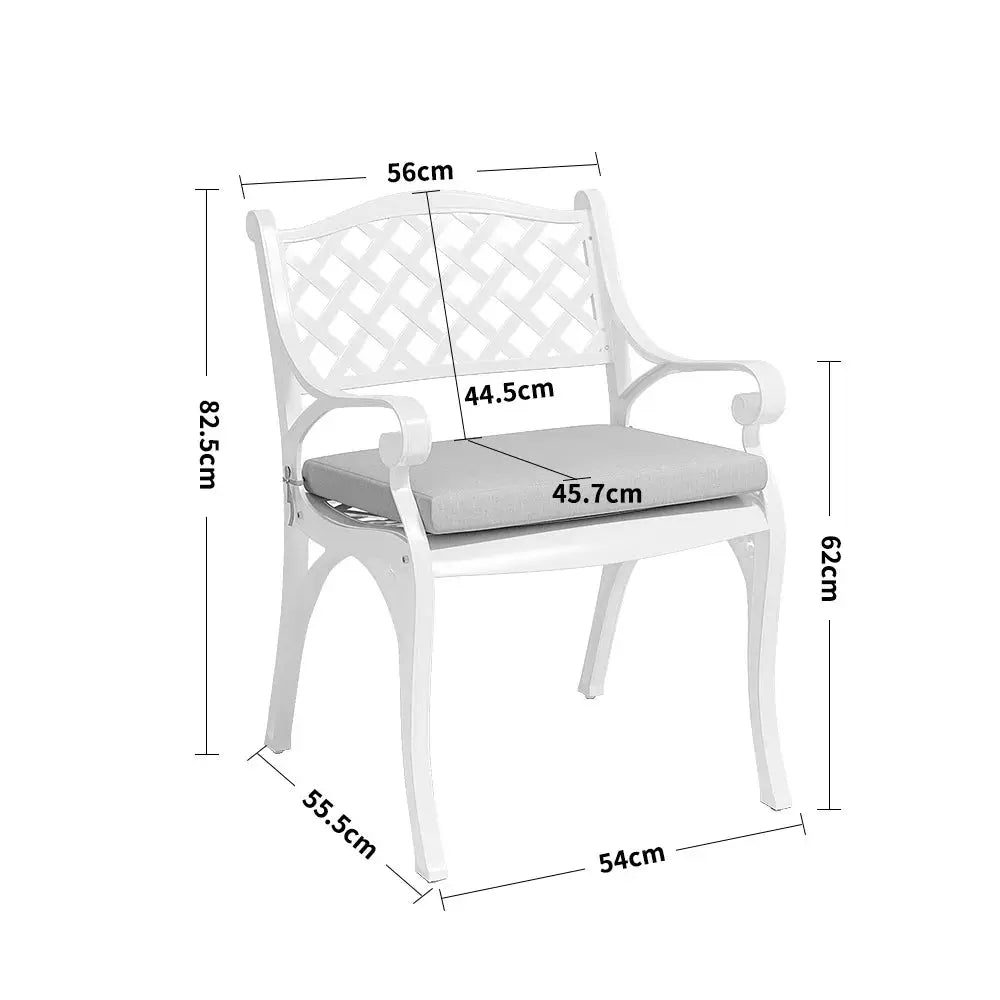 2-Piece White Cast Aluminium Garden Dining Chairs With Cushion