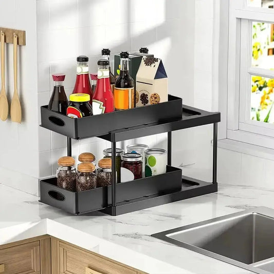 Black 2 Tier Under Sink Pull Out Storage Organizer Furnish Wise