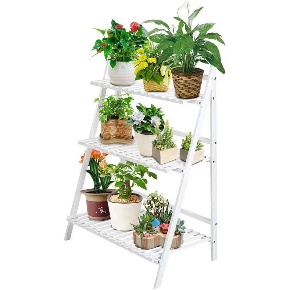 3-Tier Foldable Wooden Ladder Shelf White