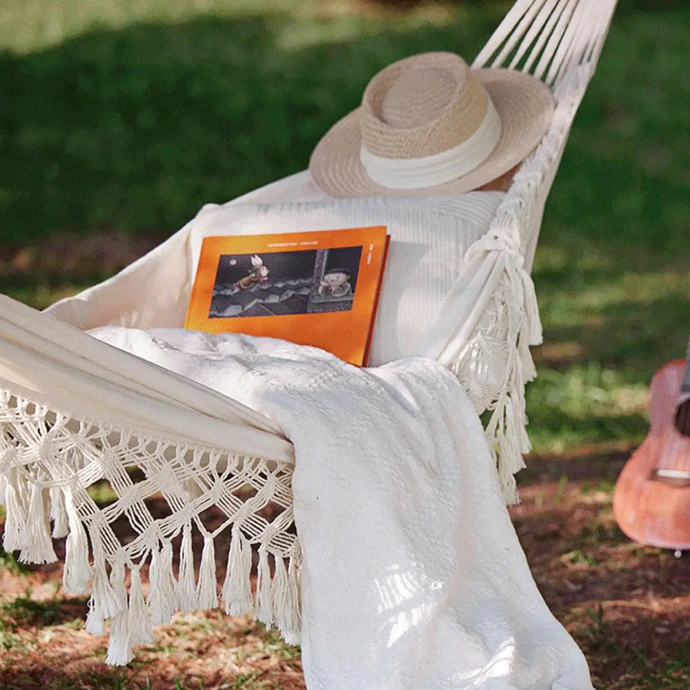2 Person Beige Camping High Load Bearing Hammock with Tassles