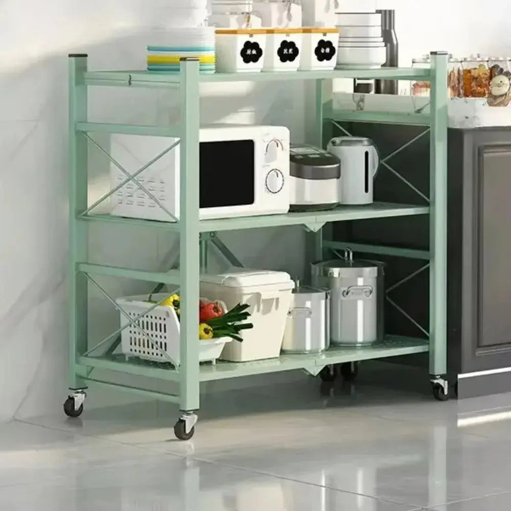 Foldable Large Kitchen Storage Rack, Bookshelf  - Multilayer Iron Frame with Wheels, Movable Multifunctional Display Shelf Furnish Wise