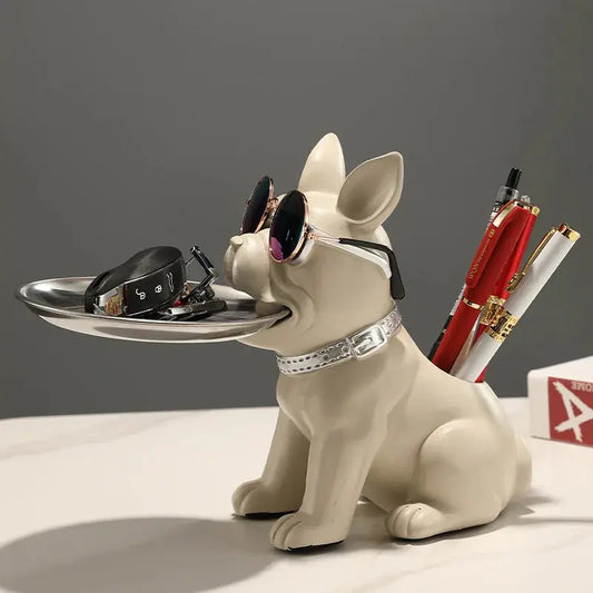 Resin Bulldog Desktop Storage Statue Animal Sculpture Dining Table Decor Multi Functional Office Home Decoration Tray Decor Furnish Wise