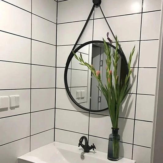 Modern Round Hanging Mirror with Adjustable Leather Strap Furnish Wise