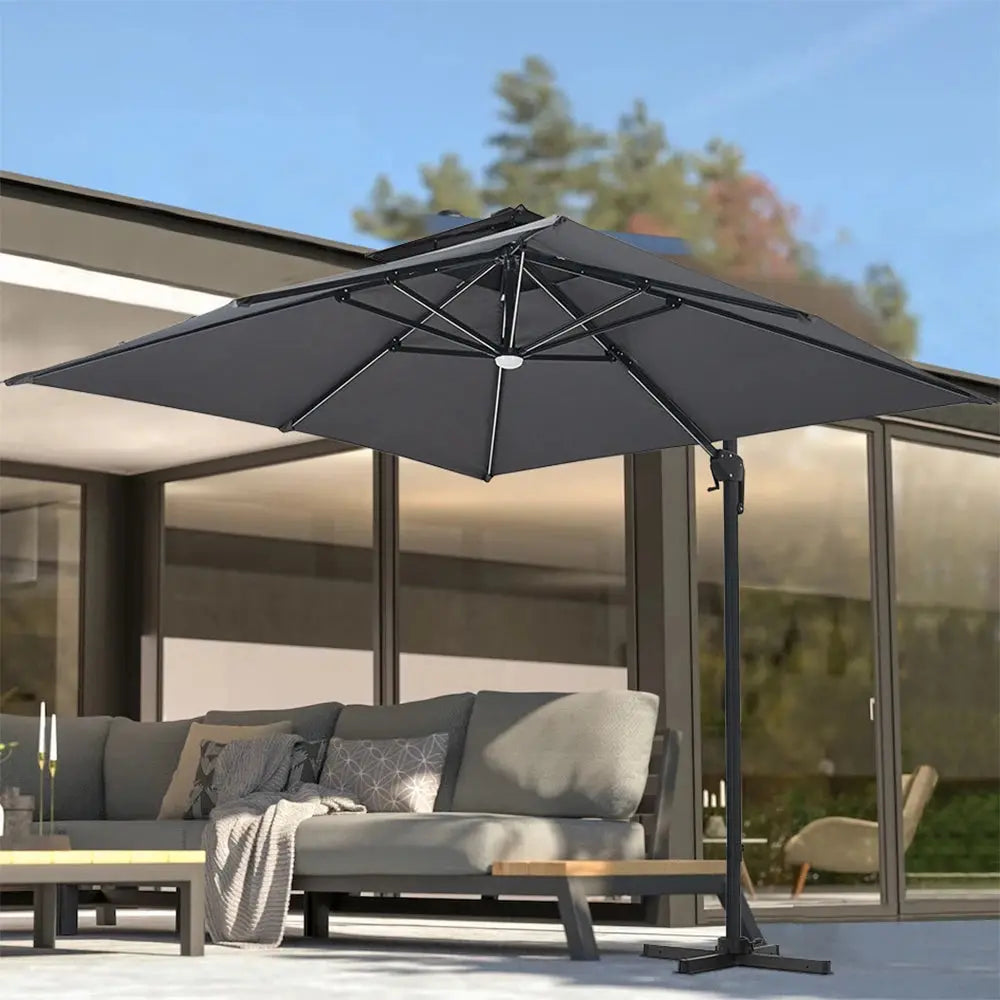 3m Dark Grey Garden LED Light Parasol Outdoor Umbrella with Cross Base