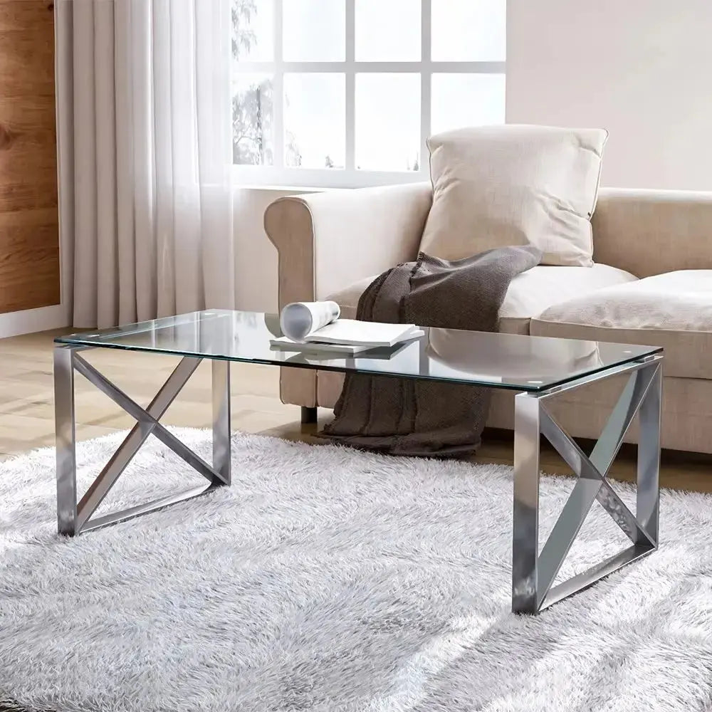 Modern Rectangle Tempered Glass Coffee Table with Chrome Base Furnish Wise