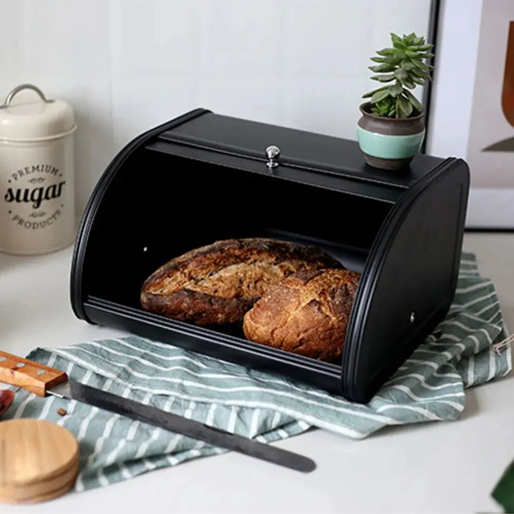 Black Roll Top Bread Box for Storing Bread and Pastries Various Kitchen Items