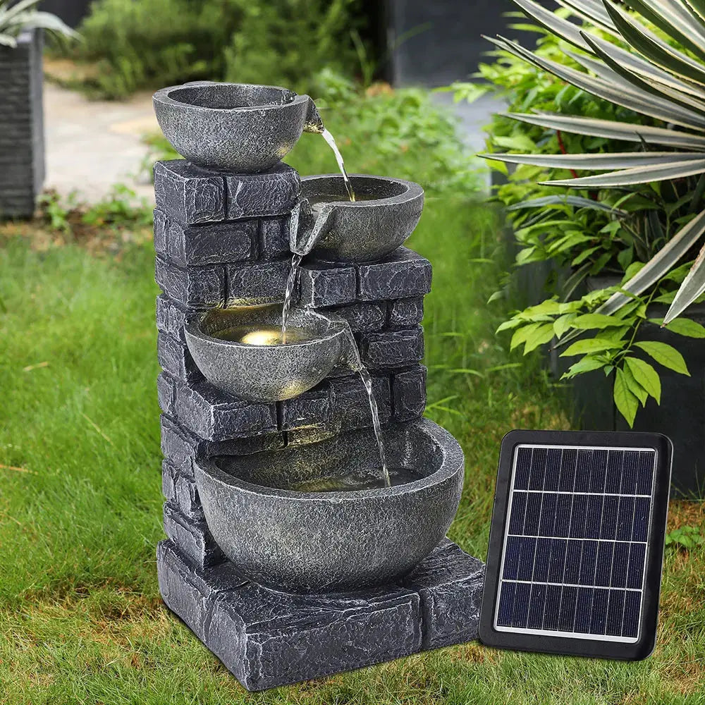 Rustic Solar Water Fountain with LED Lights for Gardens, Patios and Balconies
