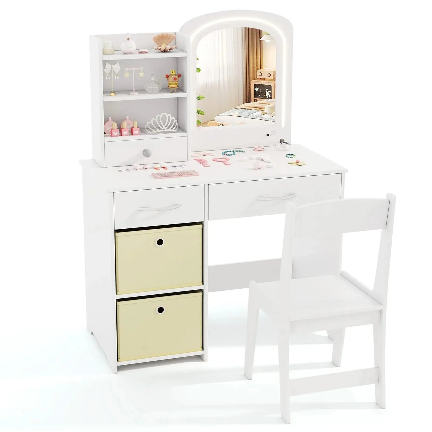 GOFLAME Kids Vanity Set Princess Makeup Desk and Chair w/Lighted Mirror-White Furnish Wise