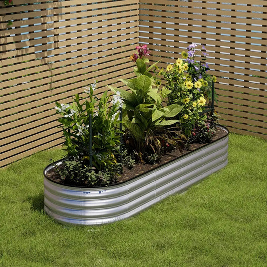 Silver Oval-Shaped Steel Raised Garden Bed