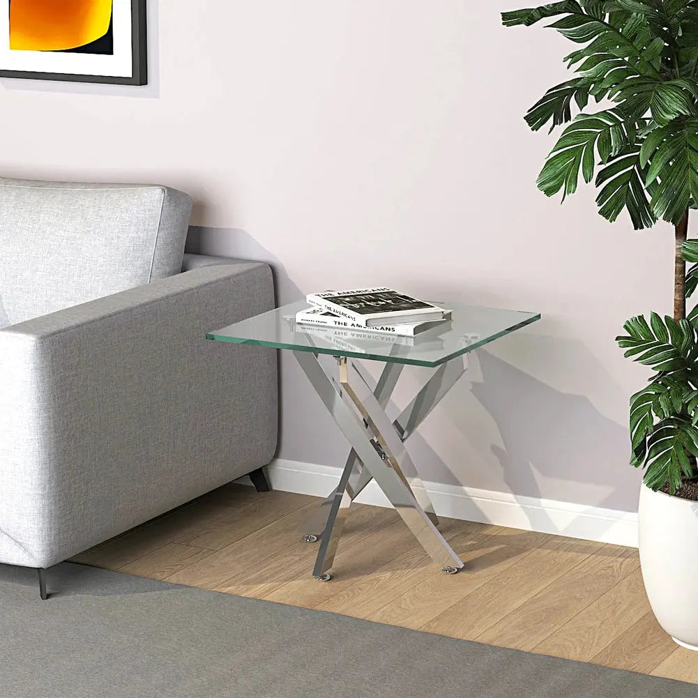 Modern and Futuristic Clear Glass Top Coffee End Table with Chrome Legs Furnish Wise