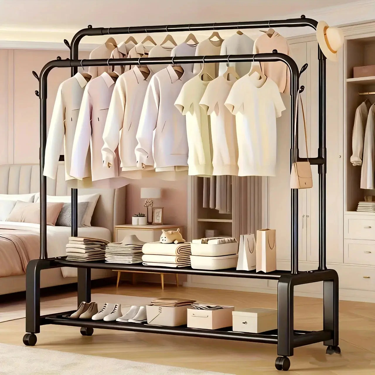 Rolling Double-Layer Double-Rod Vertical Retail Clothing Rack, Shoe & Hat Rack, Coat Rack, Garment Rack with Shelves and Wheels Furnish Wise