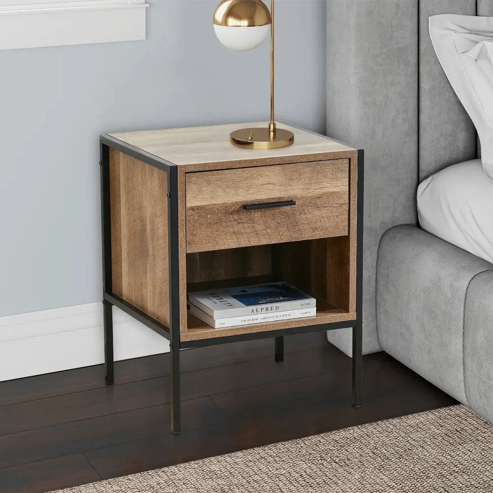 Metal Frame Wood Industrial Bedside Table with Drawer for Bedroom Furnish Wise
