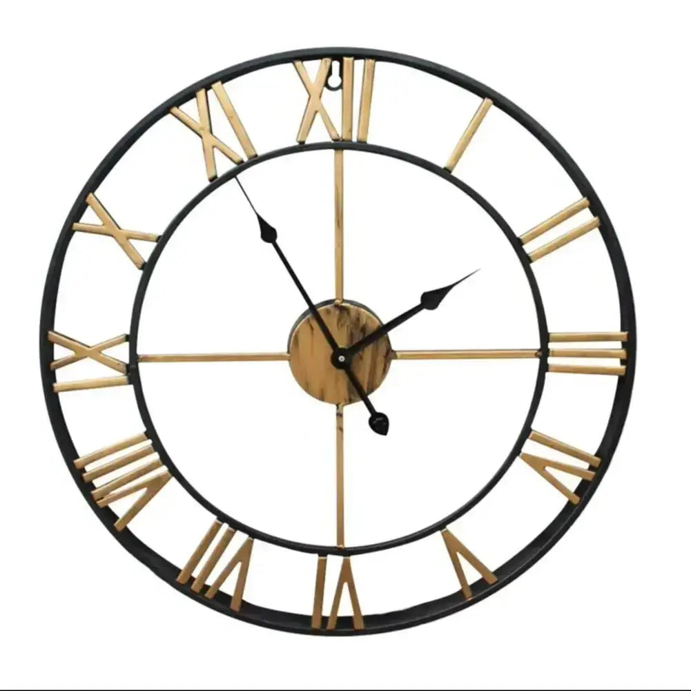 Black Metal Quartz Round Roman Wall Clock Furnish Wise