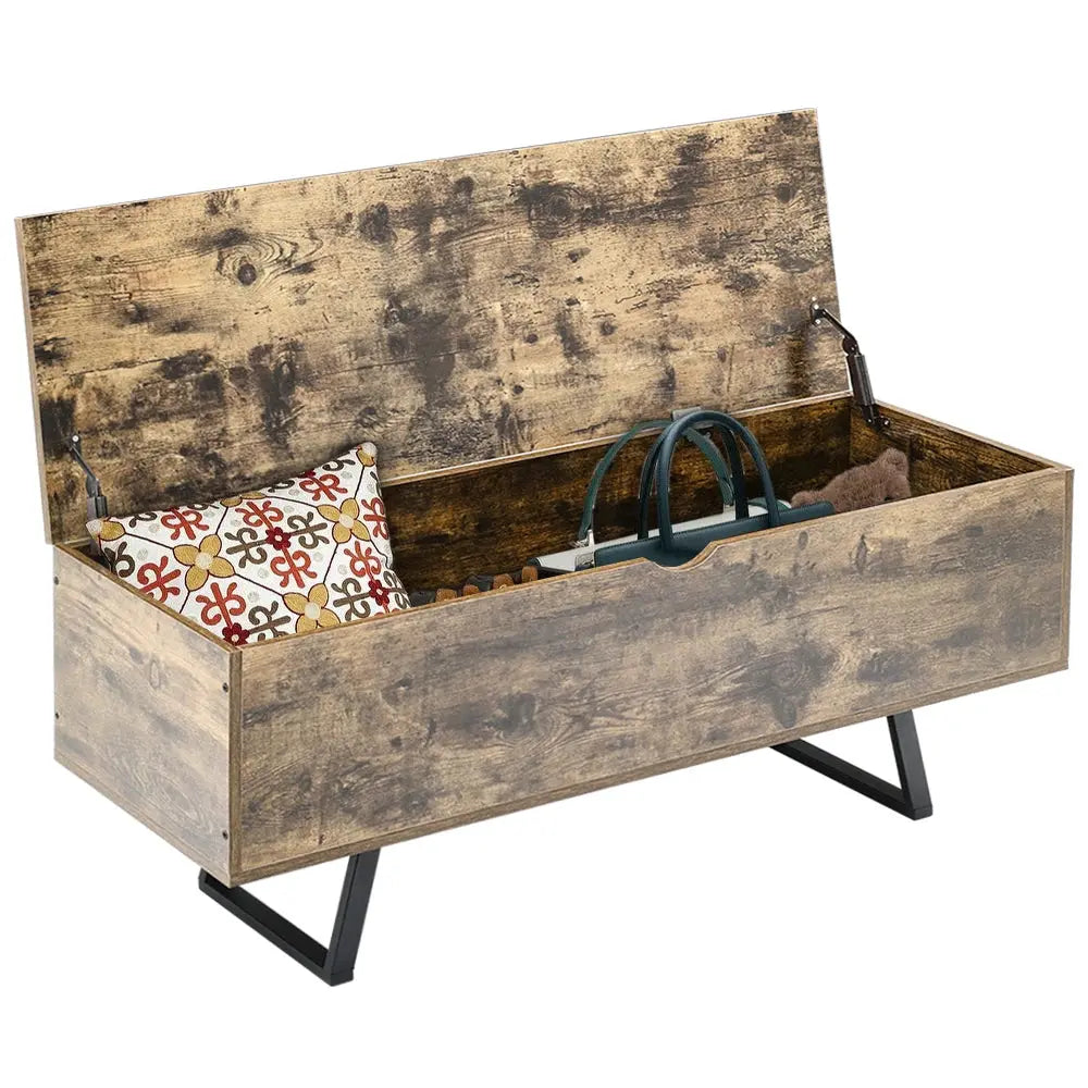 Industrial Wooden Flip Top Storage Bench Furnish Wise